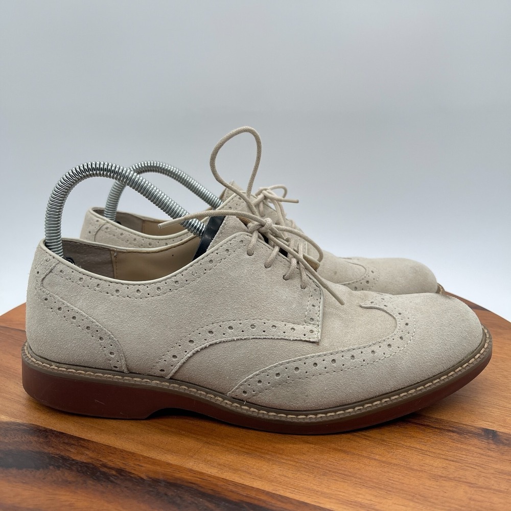 GH Bass & Co Shoes Mens 9.5 D Beige Pembroke Suede Oxford Leather Dress Wingtip